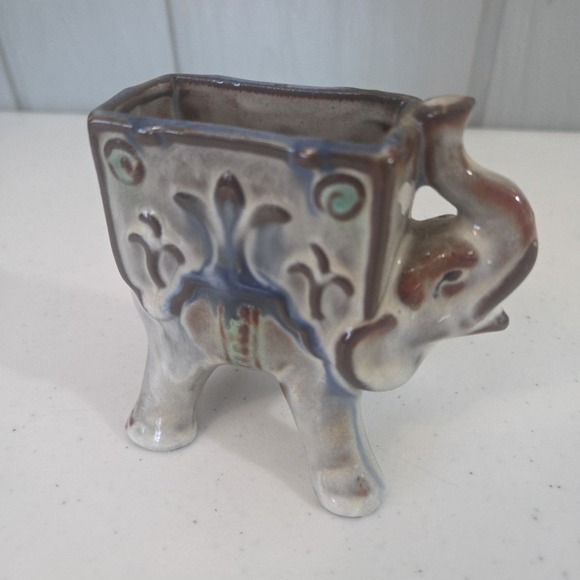 Vintage Glazed Ceramic Elephant Succulent Air Plant Planter Numbered Blue Brown - Picture 2 of 11